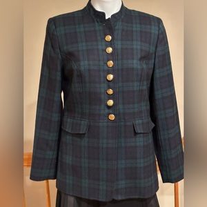 Talbots Green Navy & Black Watch Tartan Plaid Gold Buttons With Pockets Sz 8P.
